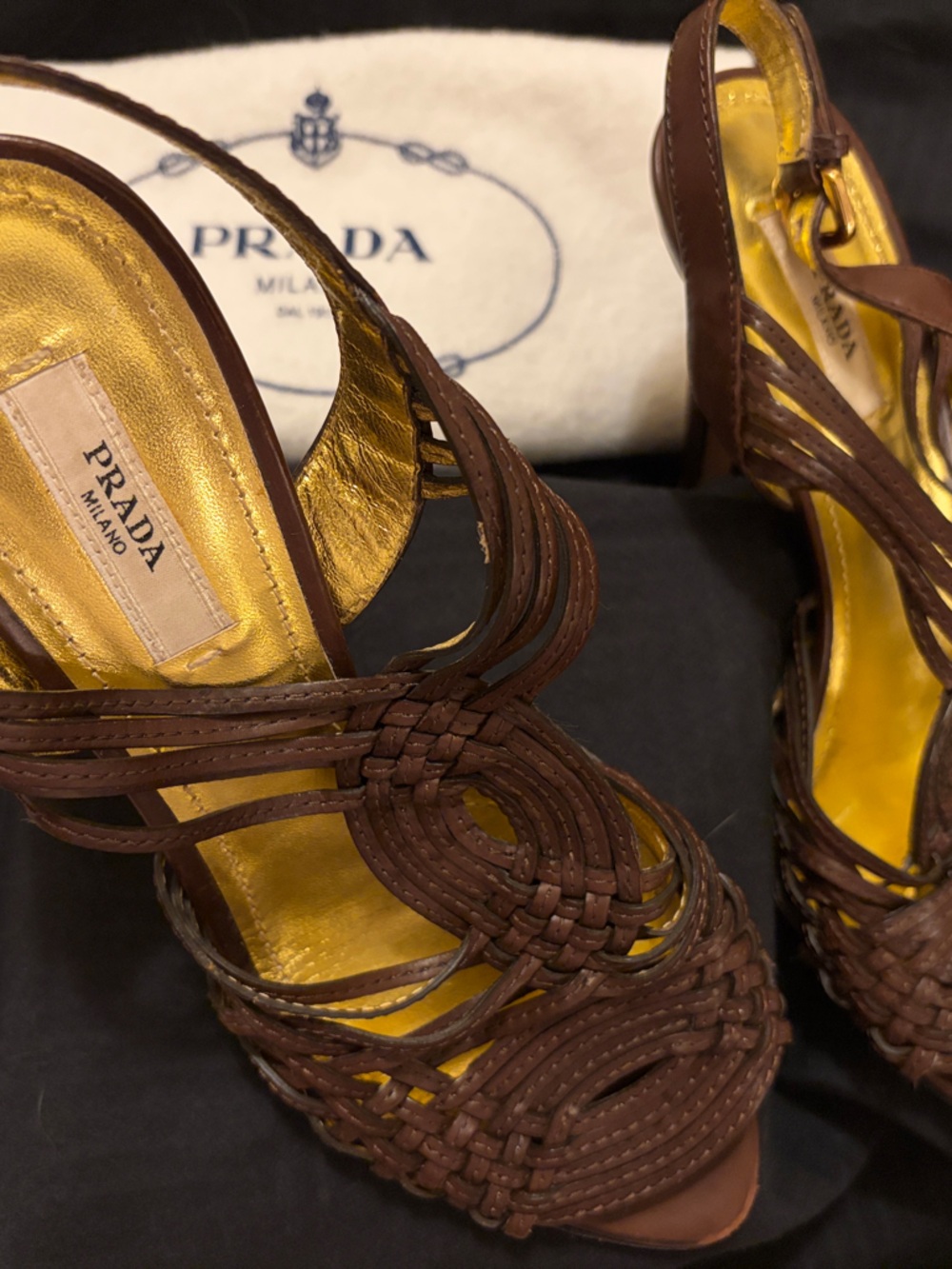 Prada Brown Woven Leather Heeled Sandals with Gold Insole Trim
